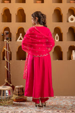 Thumbnail for Juniper Fuchsia Viscose Flared Kurta With Pants & Dupatta Set With Zari & Sequence Work