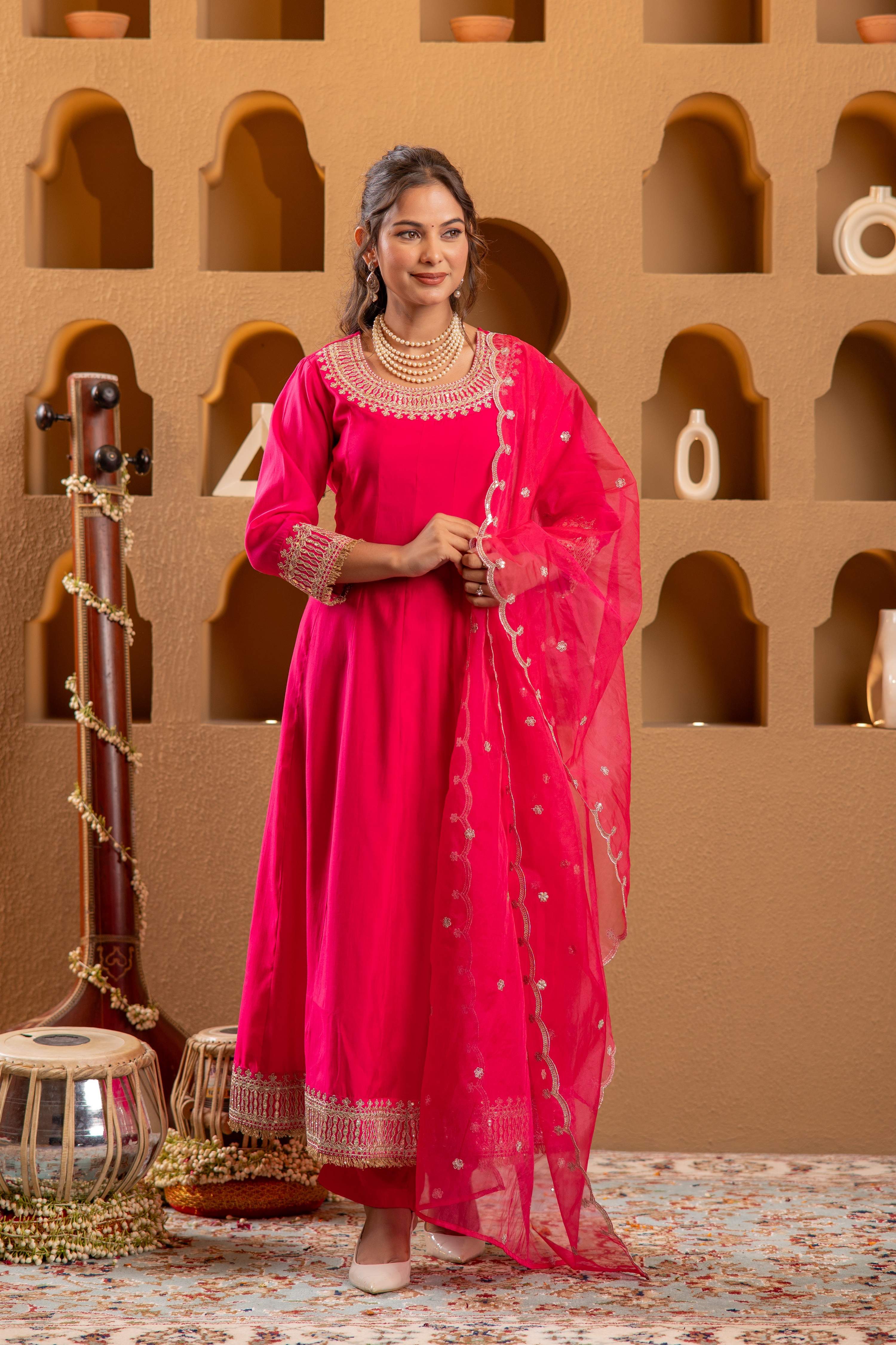 Juniper Fuchsia Viscose Flared Kurta With Pants & Dupatta Set With Zari & Sequence Work