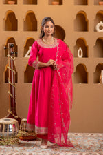 Thumbnail for Juniper Fuchsia Viscose Flared Kurta With Pants & Dupatta Set With Zari & Sequence Work