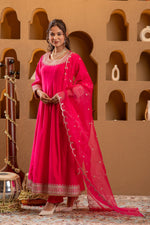 Thumbnail for Juniper Fuchsia Viscose Flared Kurta With Pants & Dupatta Set With Zari & Sequence Work