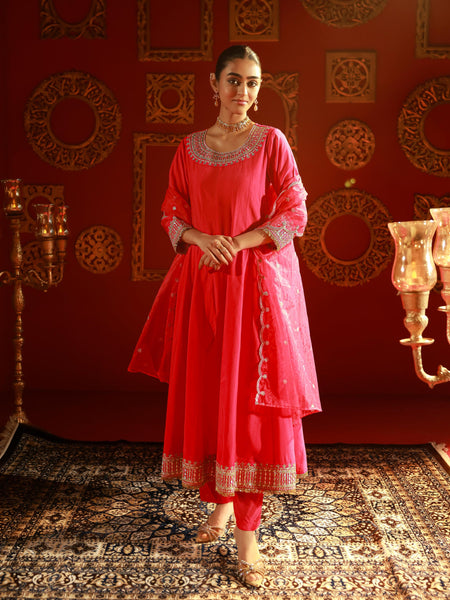 Juniper Fuchsia Viscose Flared Kurta With Pants & Dupatta Set With Zari & Sequence Work