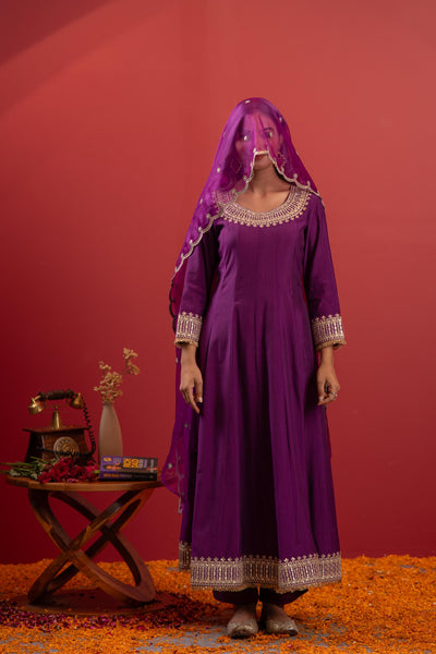 Juniper Purple Anarkali Suit With Embroidered Dupatta & Pant