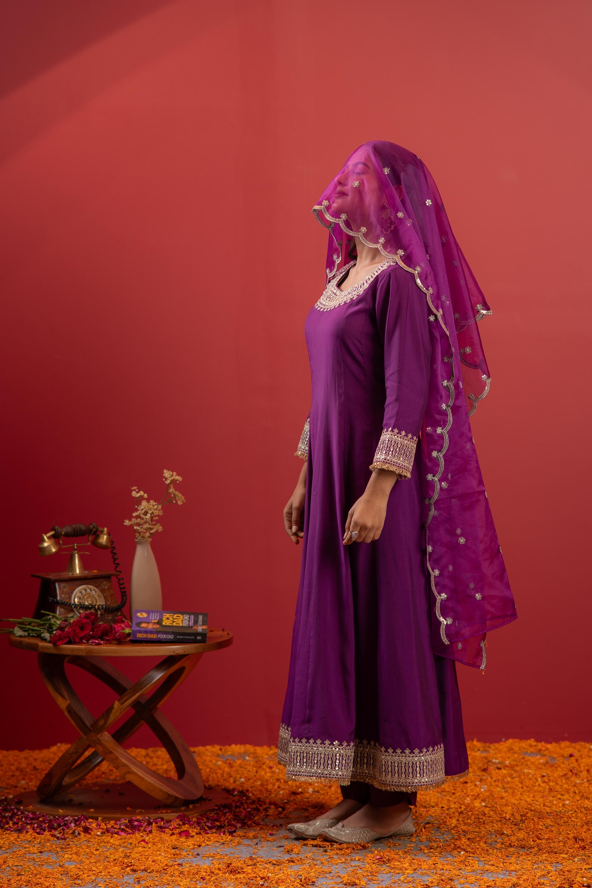 Juniper Purple Anarkali Suit With Embroidered Dupatta & Pant