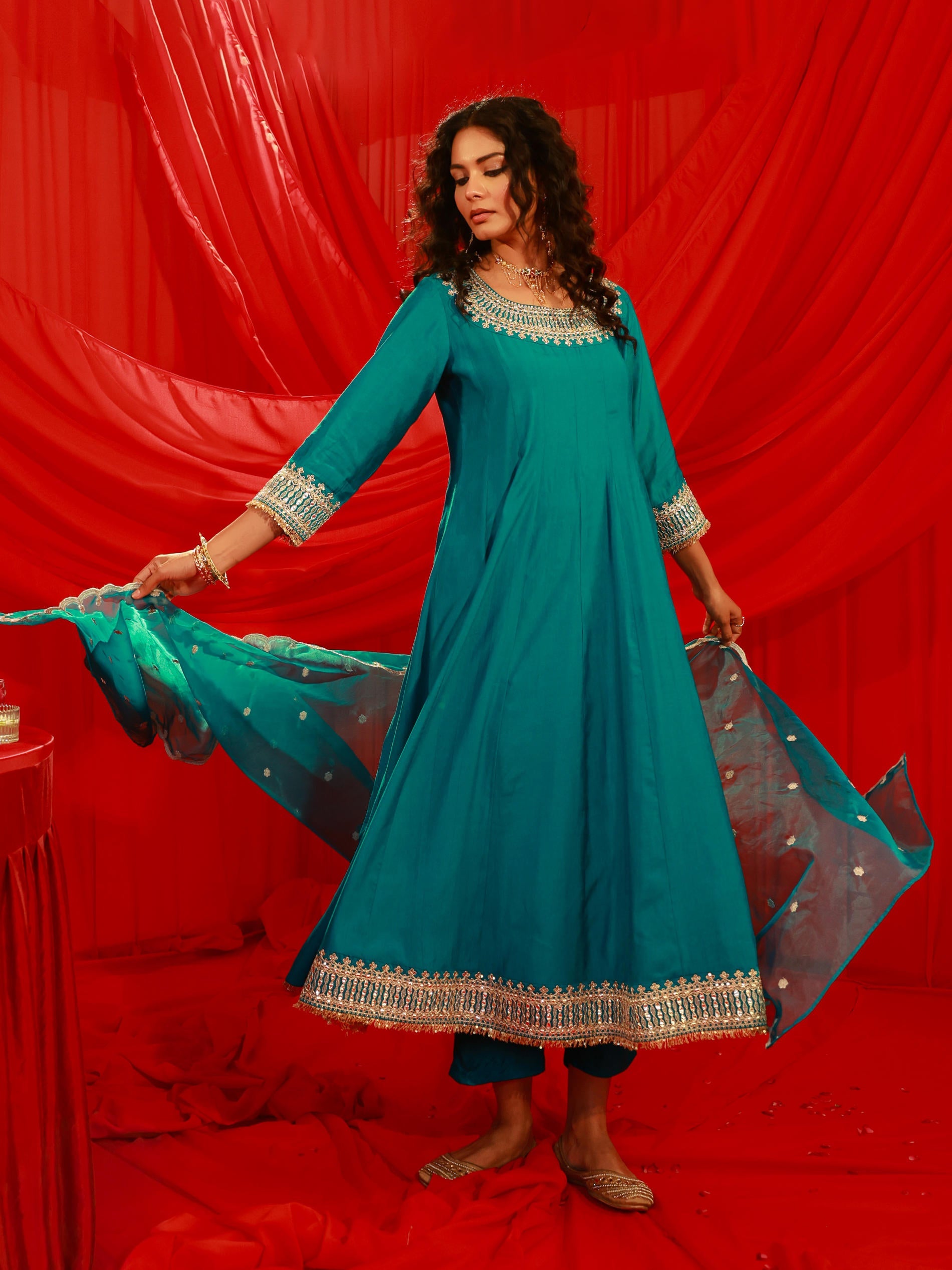 Juniper Aqua Blue Viscose Flared Kurta With Pants & Dupatta Set With Zari & Sequence Work