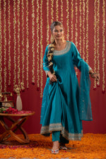 Thumbnail for Juniper Aqua Blue Viscose Flared Kurta With Pants & Dupatta Set With Zari & Sequence Work