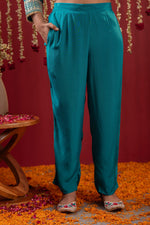 Thumbnail for Juniper Aqua Blue Viscose Flared Kurta With Pants & Dupatta Set With Zari & Sequence Work