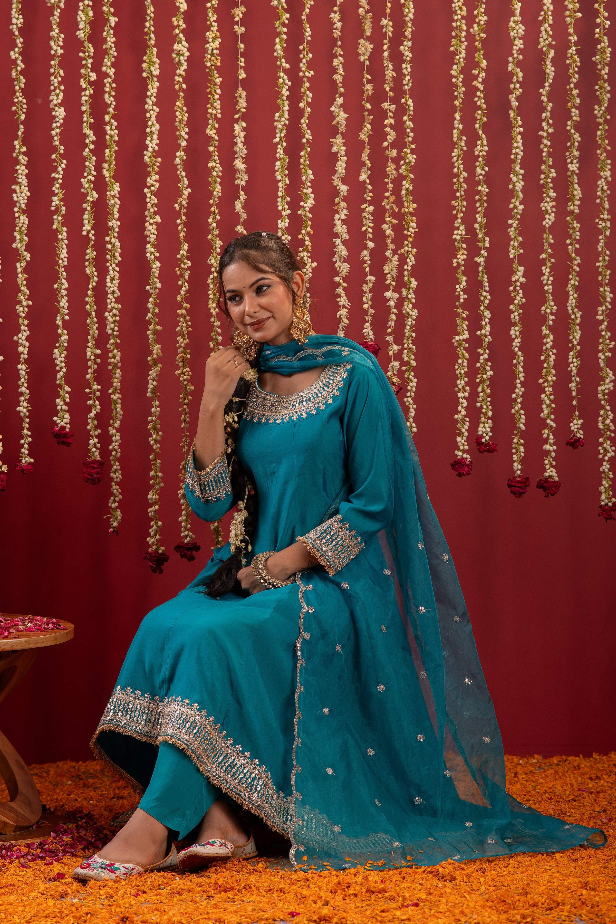 Juniper Aqua Blue Viscose Flared Kurta With Pants & Dupatta Set With Zari & Sequence Work