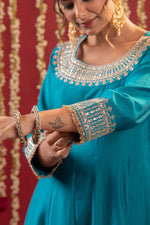 Thumbnail for Juniper Aqua Blue Viscose Flared Kurta With Pants & Dupatta Set With Zari & Sequence Work