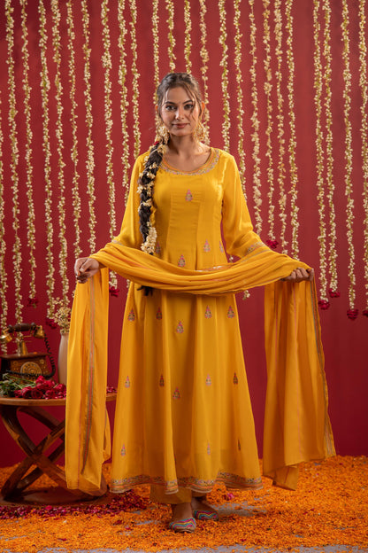 Juniper Mustard Magic Anarkali Kurta Pant And Dupatta Set - Distacart