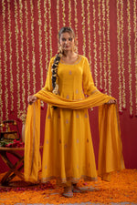 Thumbnail for Juniper Mustard Magic Anarkali Kurta Pant And Dupatta Set - Distacart