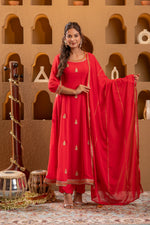 Thumbnail for Juniper Red Kurta Pant And Dupatta Set - Distacart
