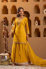Thumbnail for Juniper Mustard Viscose Flared Kurta With Palazzo & Dupatta Set With Mirror, Thread & Zari Work