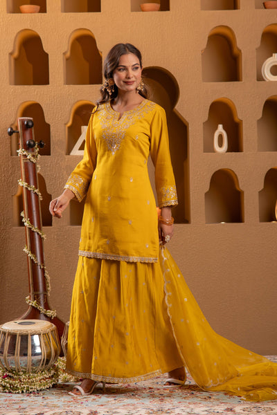 Juniper Mustard Viscose Flared Kurta With Palazzo & Dupatta Set With Mirror, Thread & Zari Work