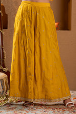 Thumbnail for Juniper Mustard Viscose Flared Kurta With Palazzo & Dupatta Set With Mirror, Thread & Zari Work
