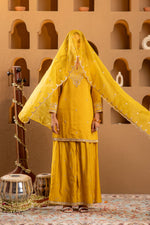 Thumbnail for Juniper Mustard Viscose Flared Kurta With Palazzo & Dupatta Set With Mirror, Thread & Zari Work