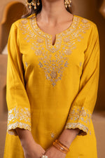 Thumbnail for Juniper Mustard Viscose Flared Kurta With Palazzo & Dupatta Set With Mirror, Thread & Zari Work