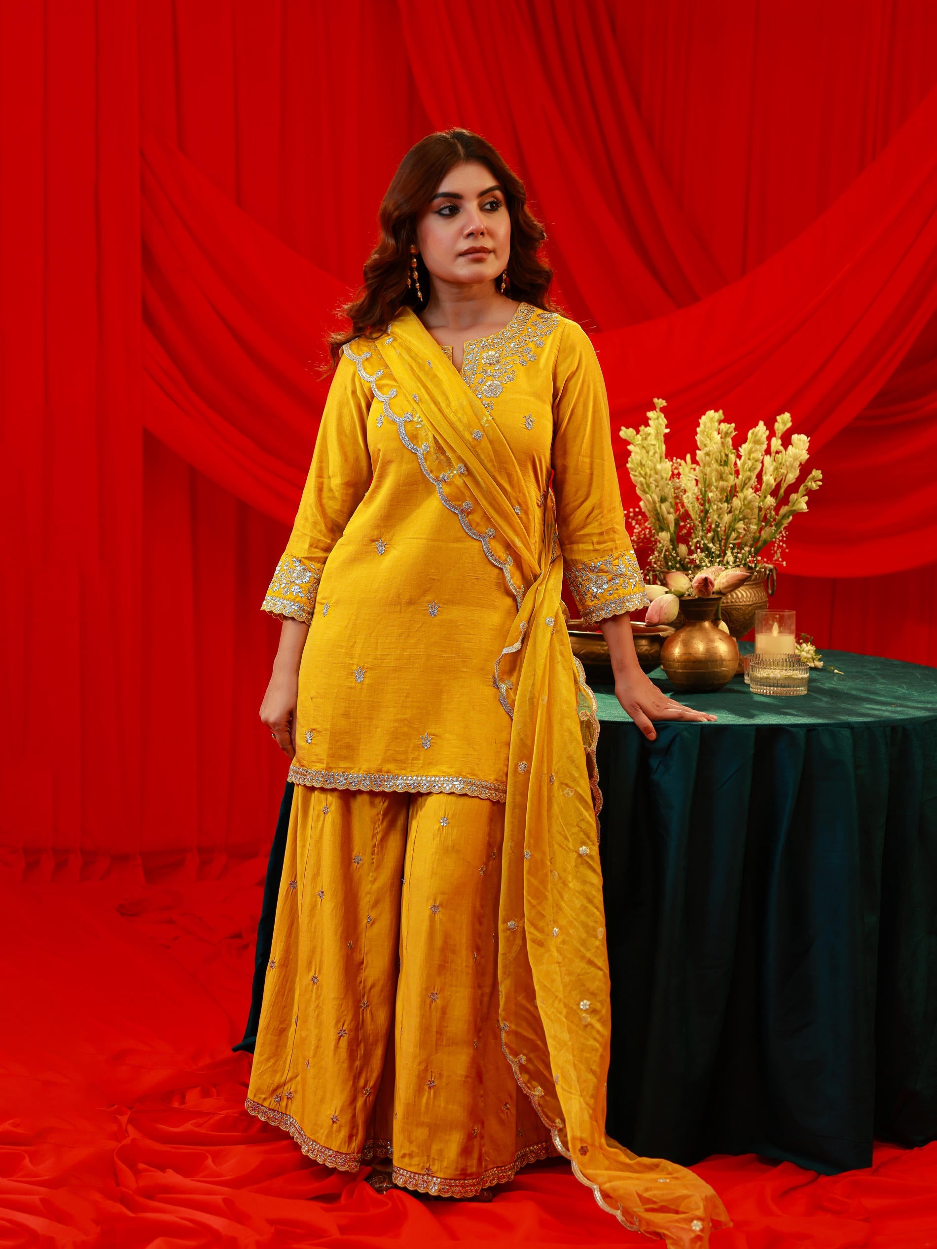 Juniper Mustard Viscose Flared Kurta With Palazzo & Dupatta Set With Mirror, Thread & Zari Work