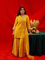 Thumbnail for Juniper Mustard Viscose Flared Kurta With Palazzo & Dupatta Set With Mirror, Thread & Zari Work