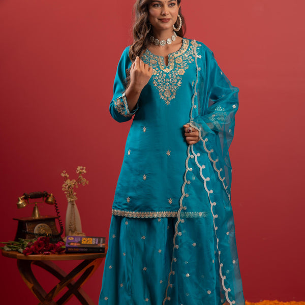 Juniper Rama Green Embroidered Kurta With Palazzo & Dupatta Set