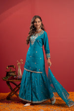 Thumbnail for Juniper Rama Green Embroidered Kurta With Palazzo & Dupatta Set