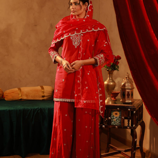 Juniper Red Viscose Flared Kurta With Palazzo & Dupatta Set With Mirror, Thread & Zari Work