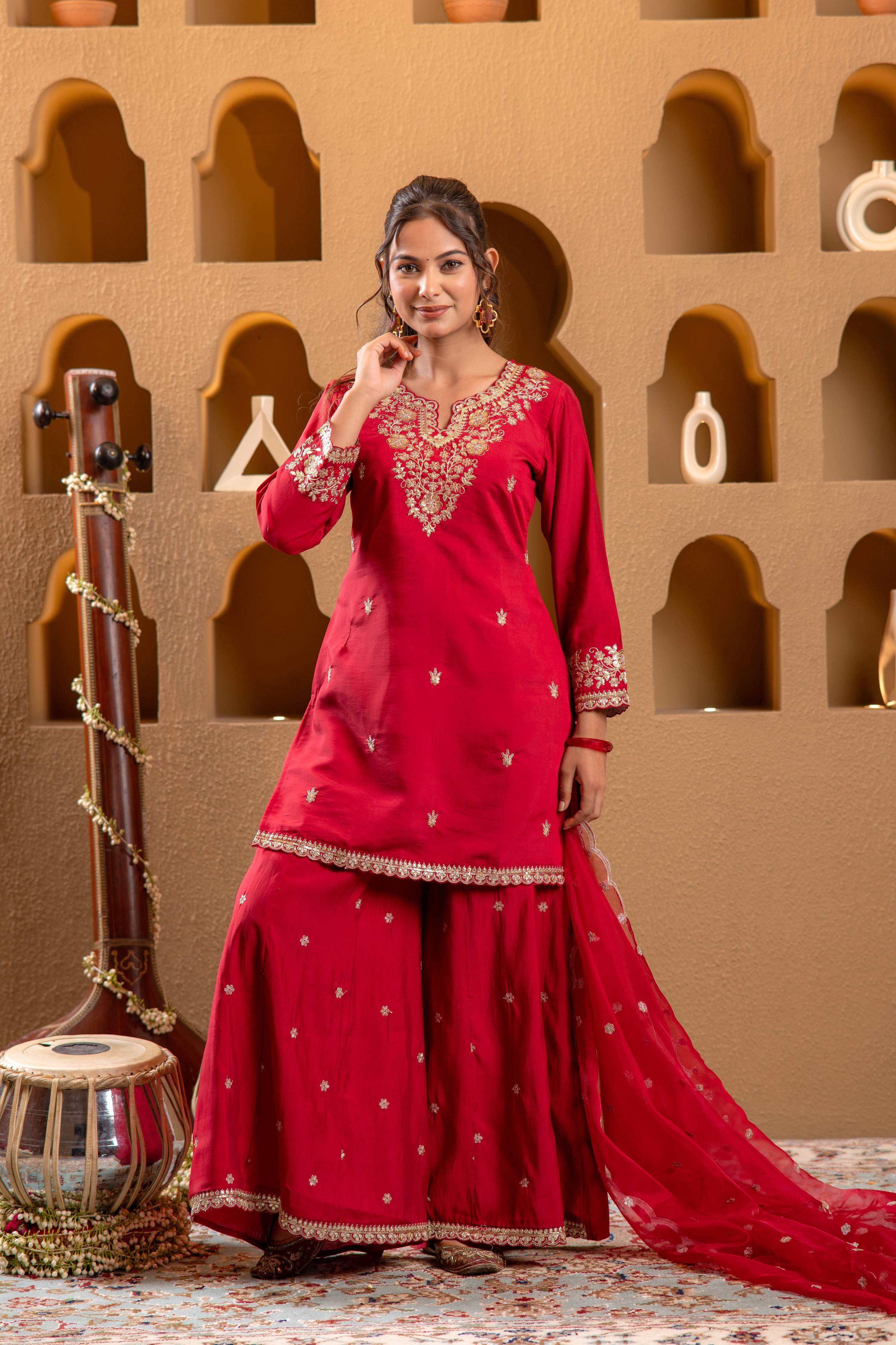 Juniper Red Viscose Flared Kurta With Palazzo & Dupatta Set With Mirror, Thread & Zari Work