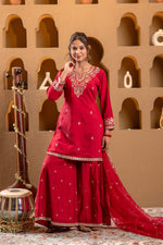 Thumbnail for Juniper Red Viscose Flared Kurta With Palazzo & Dupatta Set With Mirror, Thread & Zari Work