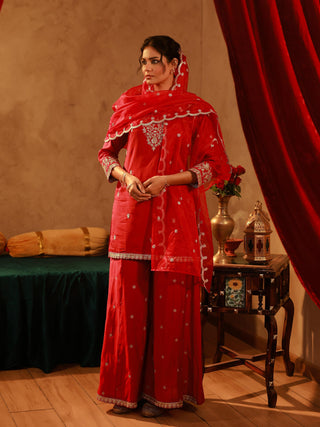 Juniper Red Viscose Flared Kurta With Palazzo & Dupatta Set With Mirror, Thread & Zari Work