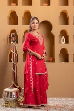 Thumbnail for Juniper Red Viscose Flared Kurta With Palazzo & Dupatta Set With Mirror, Thread & Zari Work