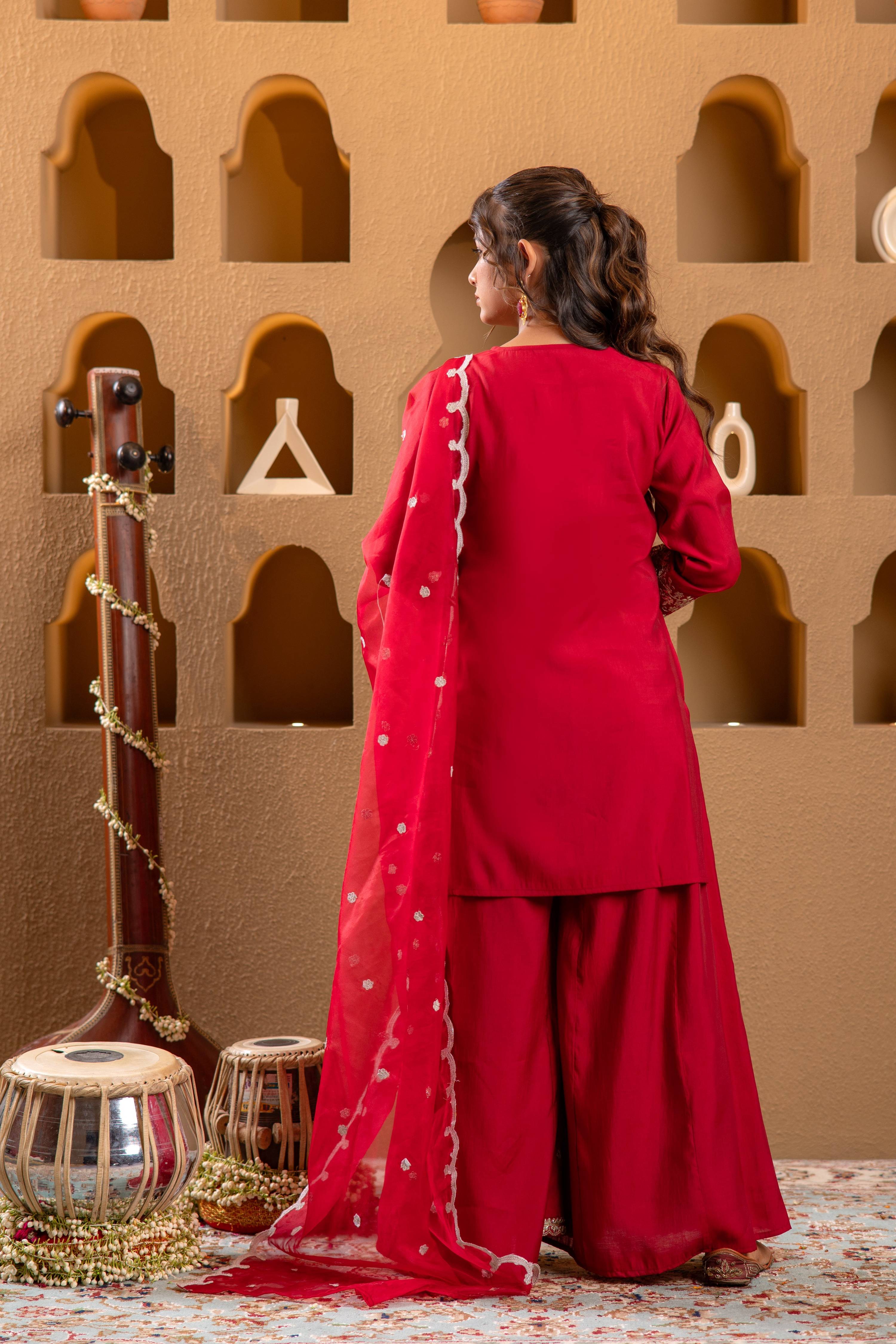 Juniper Red Viscose Flared Kurta With Palazzo & Dupatta Set With Mirror, Thread & Zari Work