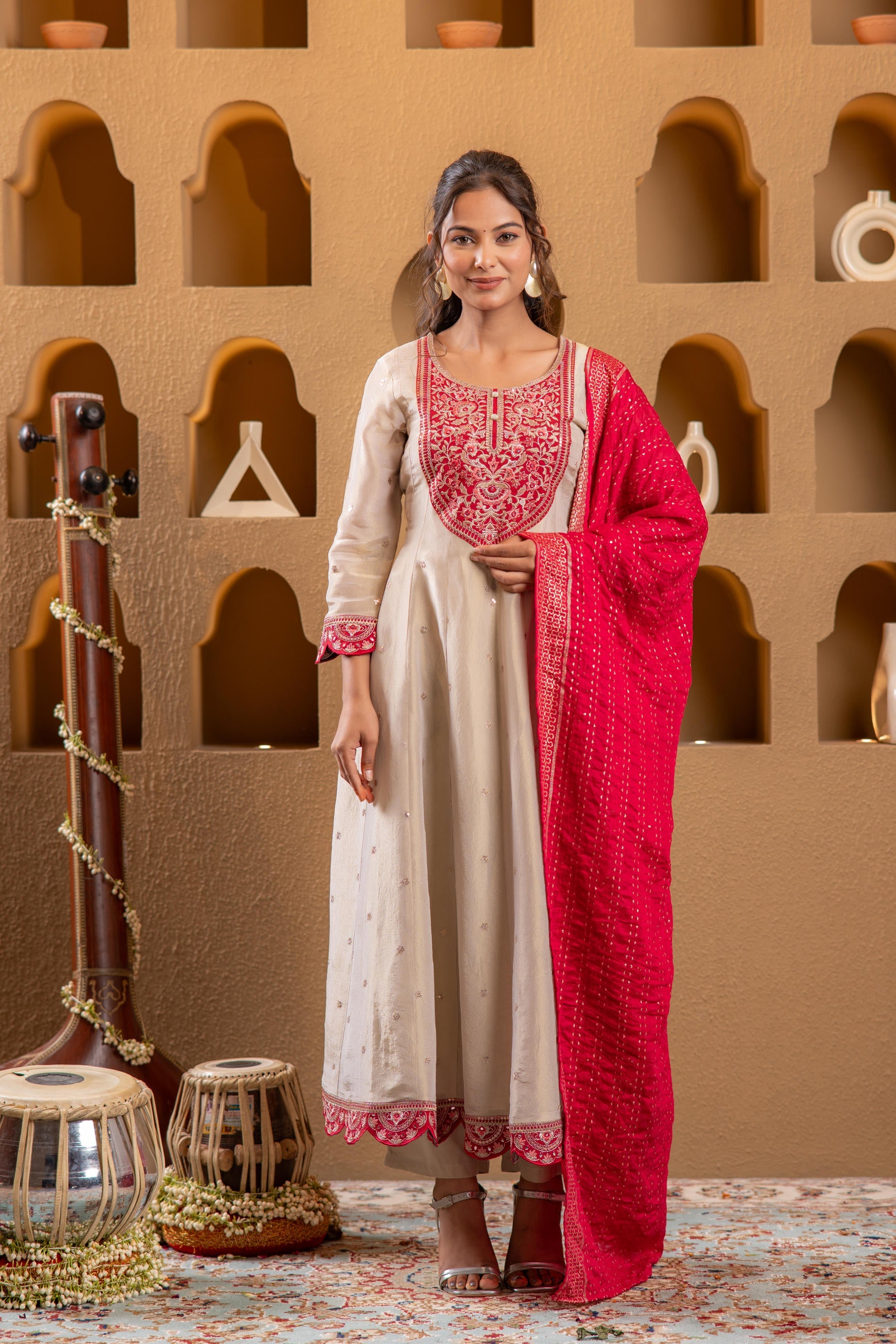 Juniper Ivory Anarkali Kurta Set With Pink Thread Embroidery & Dupatta - Distacart
