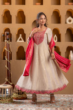 Thumbnail for Juniper Ivory Anarkali Kurta Set With Pink Thread Embroidery & Dupatta - Distacart