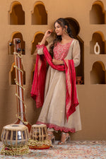 Thumbnail for Juniper Ivory Anarkali Kurta Set With Pink Thread Embroidery & Dupatta - Distacart