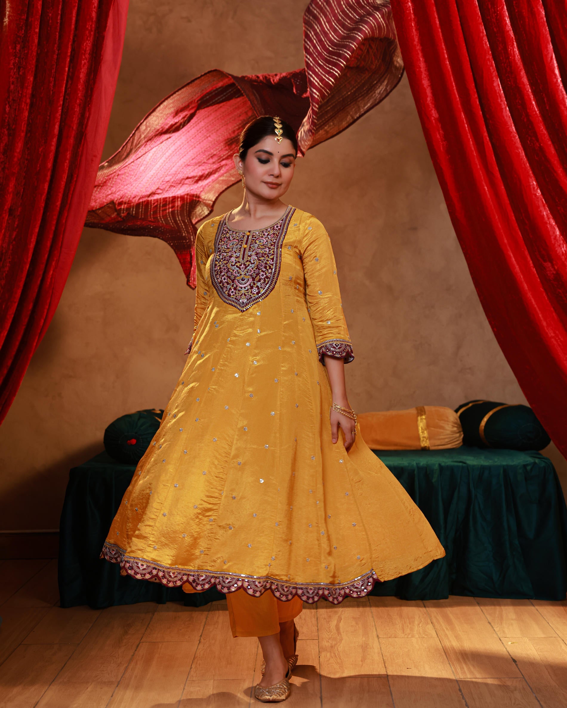 Juniper Mustard Nylon Flared Kurta Pant And Dupatta Set With Zari, Mirror, Thread & Sequin Work