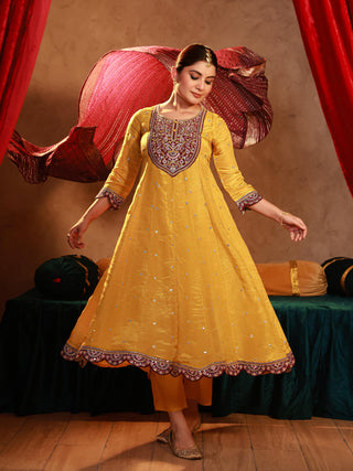 Juniper Mustard Nylon Flared Kurta Pant And Dupatta Set With Zari, Mirror, Thread & Sequin Work