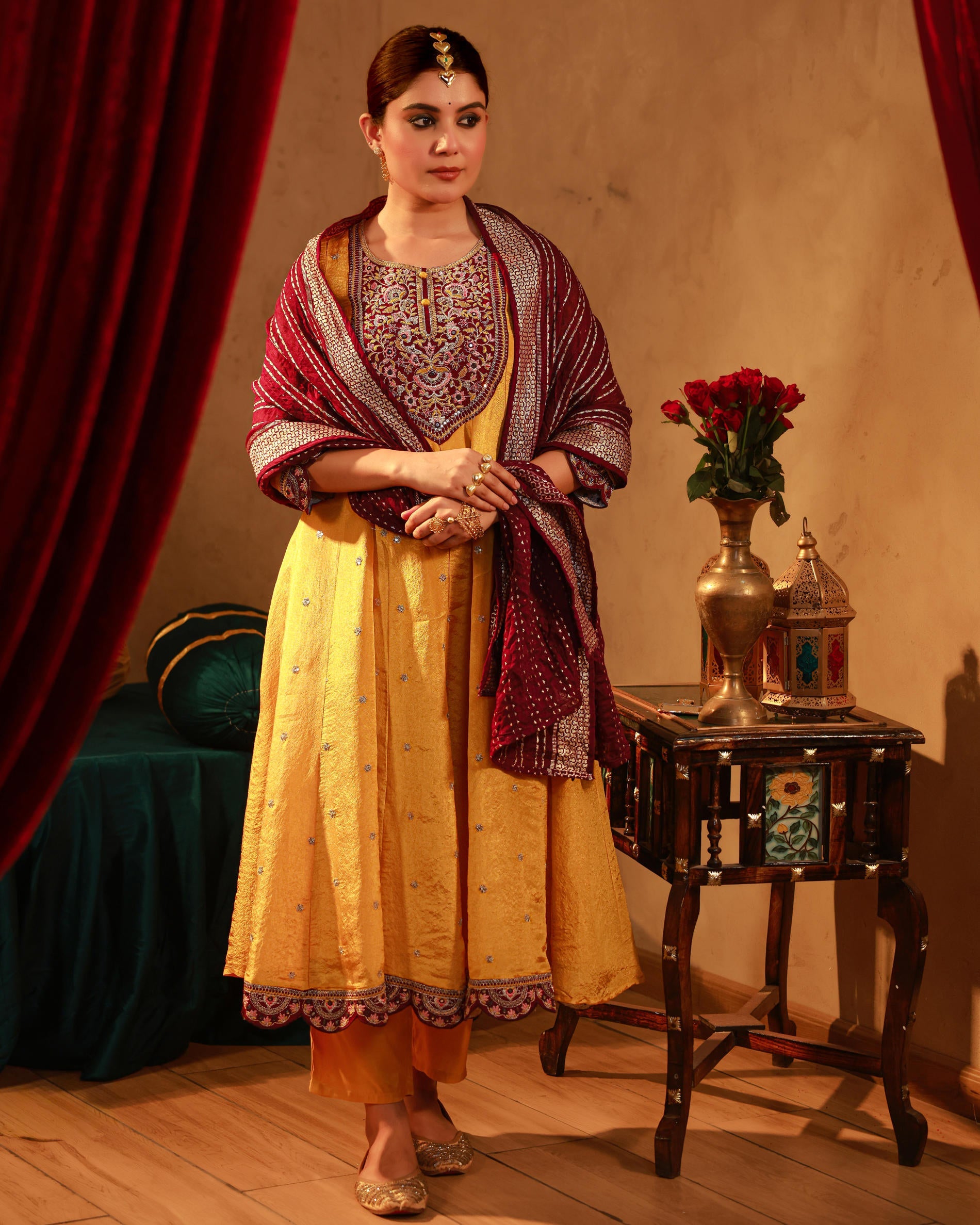 Juniper Mustard Nylon Flared Kurta Pant And Dupatta Set With Zari, Mirror, Thread & Sequin Work