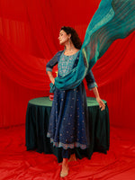 Thumbnail for Juniper Navy Blue Nylon Flared Kurta Pant And Dupatta Set With Zari, Mirror, Thread & Sequin Work