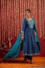 Thumbnail for Juniper Navy Blue Nylon Flared Kurta Pant And Dupatta Set With Zari, Mirror, Thread & Sequin Work