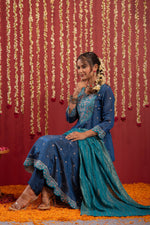 Thumbnail for Juniper Navy Blue Nylon Flared Kurta Pant And Dupatta Set With Zari, Mirror, Thread & Sequin Work