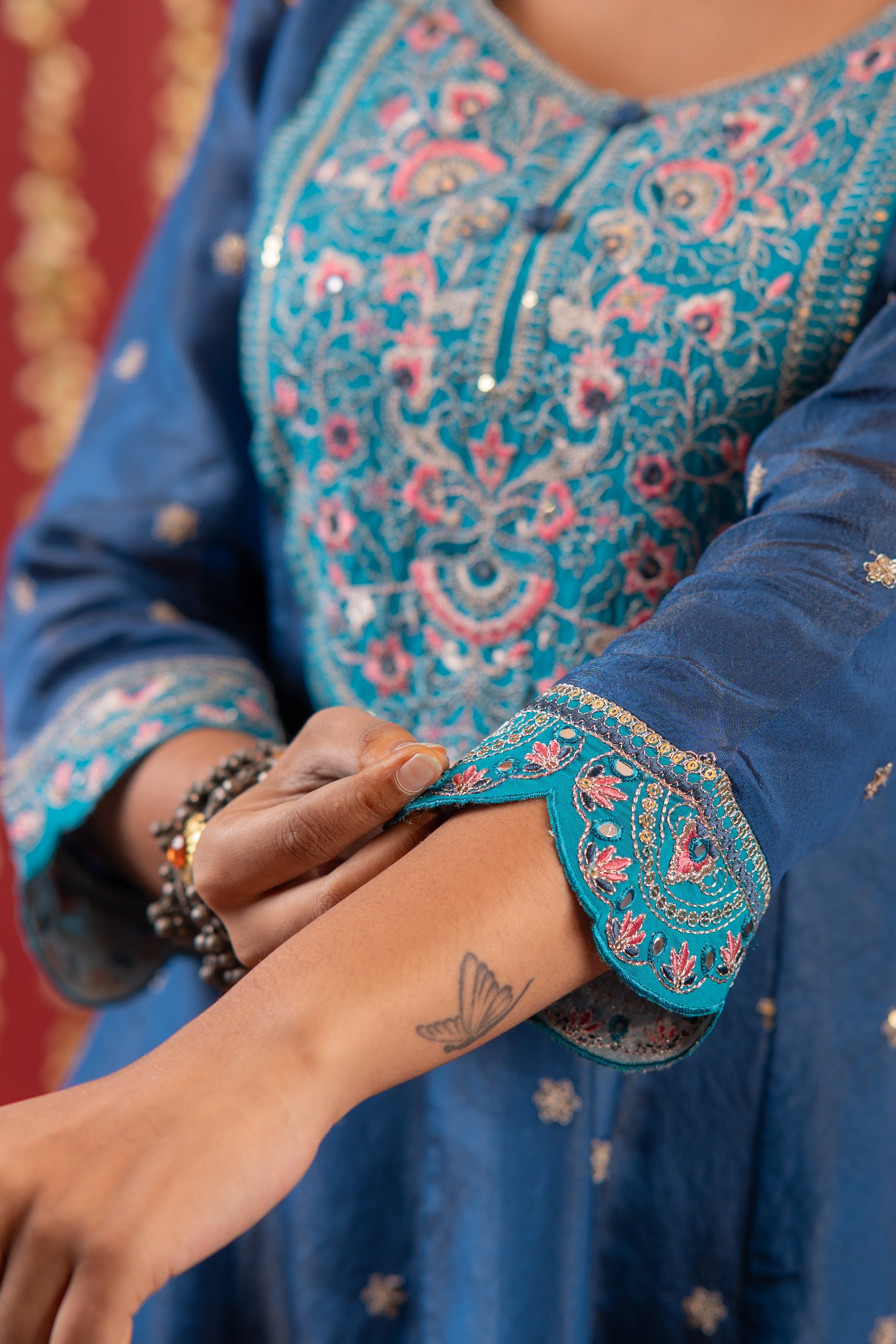 Juniper Navy Blue Nylon Flared Kurta Pant And Dupatta Set With Zari, Mirror, Thread & Sequin Work