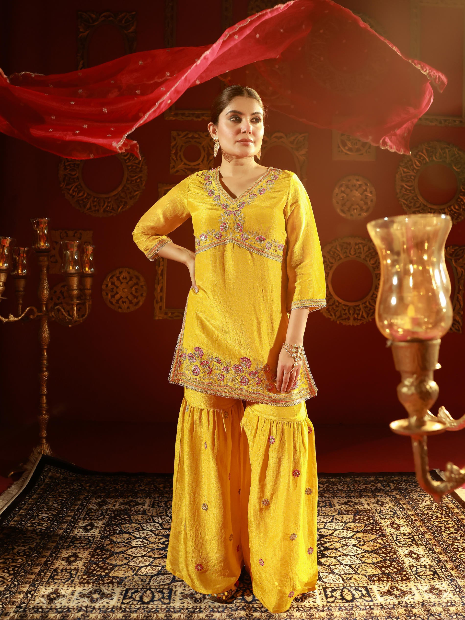 Juniper Mustard Nylon Kurta Sharara And Dupatta Set With Zari, Mirror, Thread & Sequin Embroidery