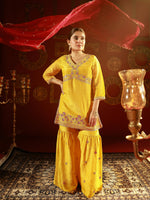 Thumbnail for Juniper Mustard Nylon Kurta Sharara And Dupatta Set With Zari, Mirror, Thread & Sequin Embroidery
