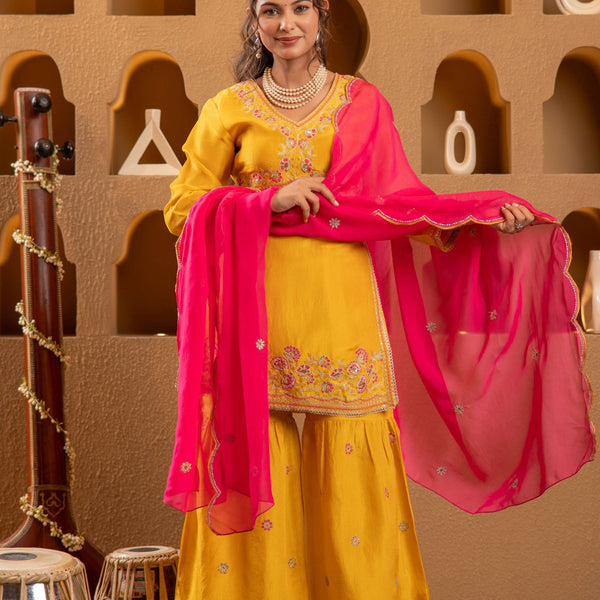 Juniper Mustard Nylon Kurta Sharara And Dupatta Set With Zari, Mirror, Thread & Sequin Embroidery - Distacart