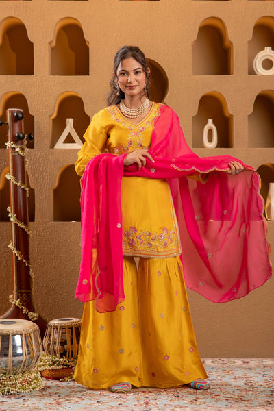 Juniper Mustard Nylon Kurta Sharara And Dupatta Set With Zari, Mirror, Thread & Sequin Embroidery