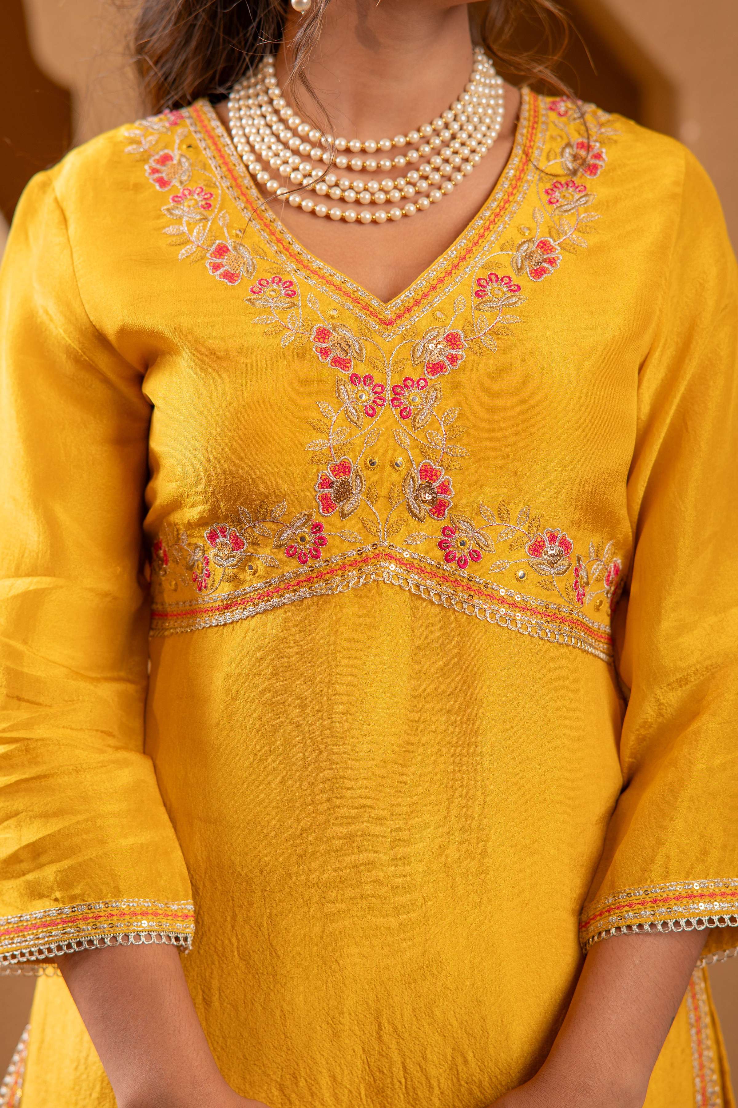 Juniper Mustard Nylon Kurta Sharara And Dupatta Set With Zari, Mirror, Thread & Sequin Embroidery