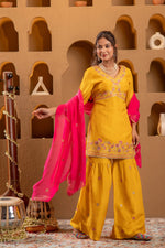 Thumbnail for Juniper Mustard Nylon Kurta Sharara And Dupatta Set With Zari, Mirror, Thread & Sequin Embroidery