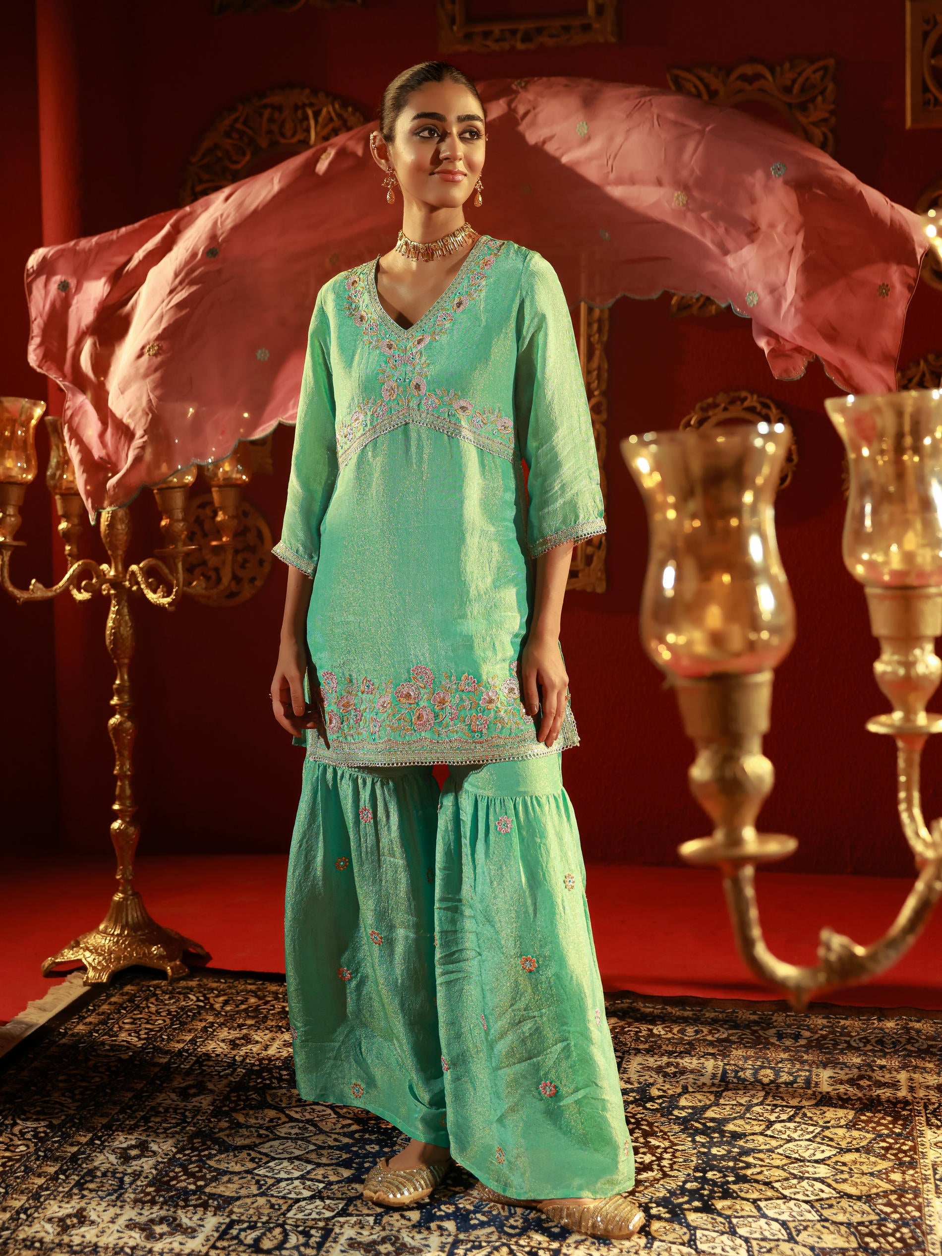 Juniper Sky Blue Nylon Kurta Sharara And Dupatta Set With Zari, Mirror, Thread & Sequin Embroidery