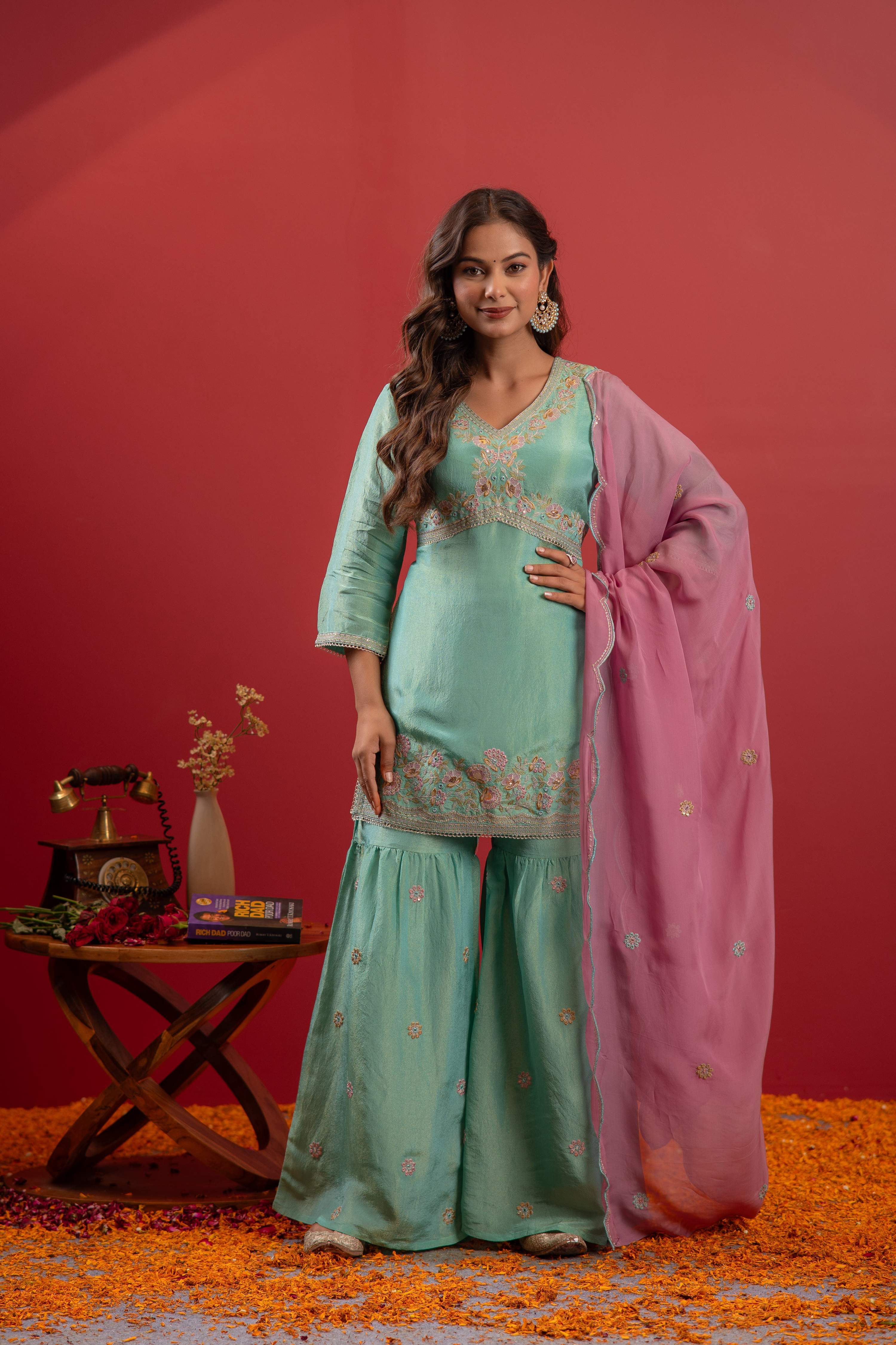 Juniper Sky Blue Nylon Kurta Sharara And Dupatta Set With Zari, Mirror, Thread & Sequin Embroidery