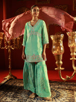 Thumbnail for Juniper Sky Blue Nylon Kurta Sharara And Dupatta Set With Zari, Mirror, Thread & Sequin Embroidery