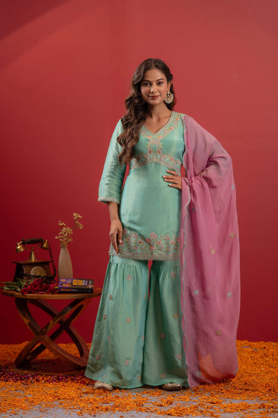 Juniper Sky Blue Nylon Kurta Sharara And Dupatta Set With Zari, Mirror, Thread & Sequin Embroidery